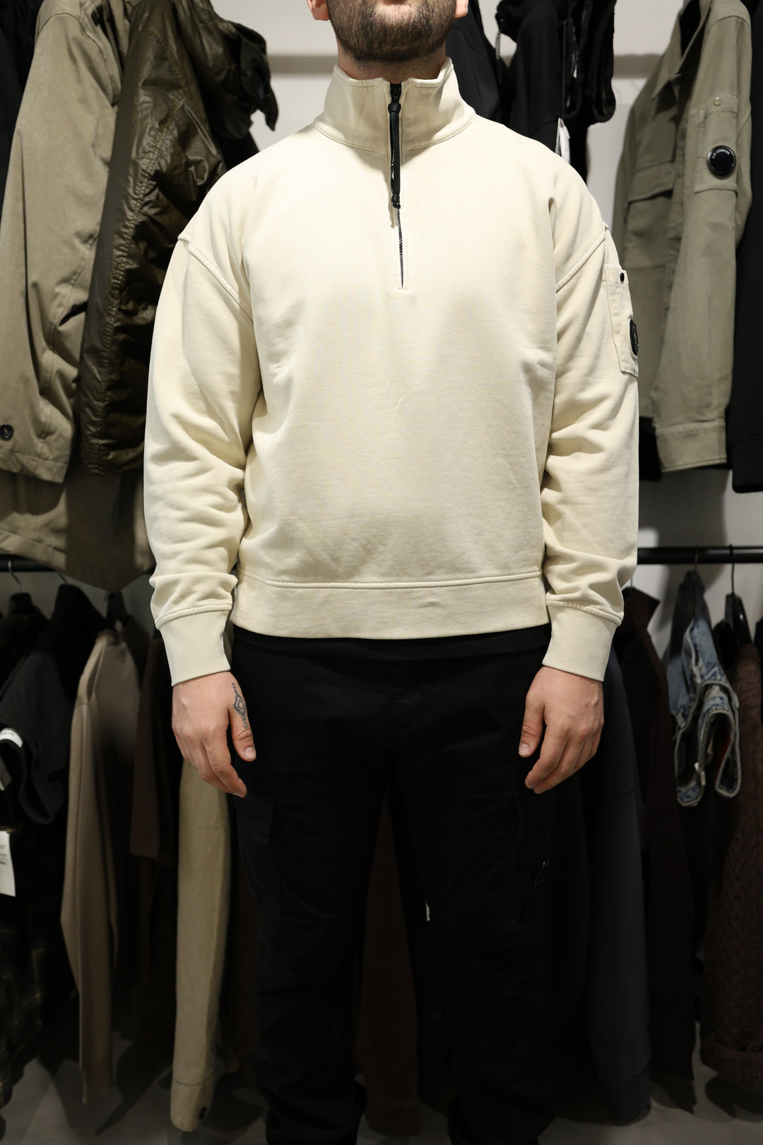 Sweatshirts Polo Collar Brushed Emerized Diagonal Flee half zip beige- col 120