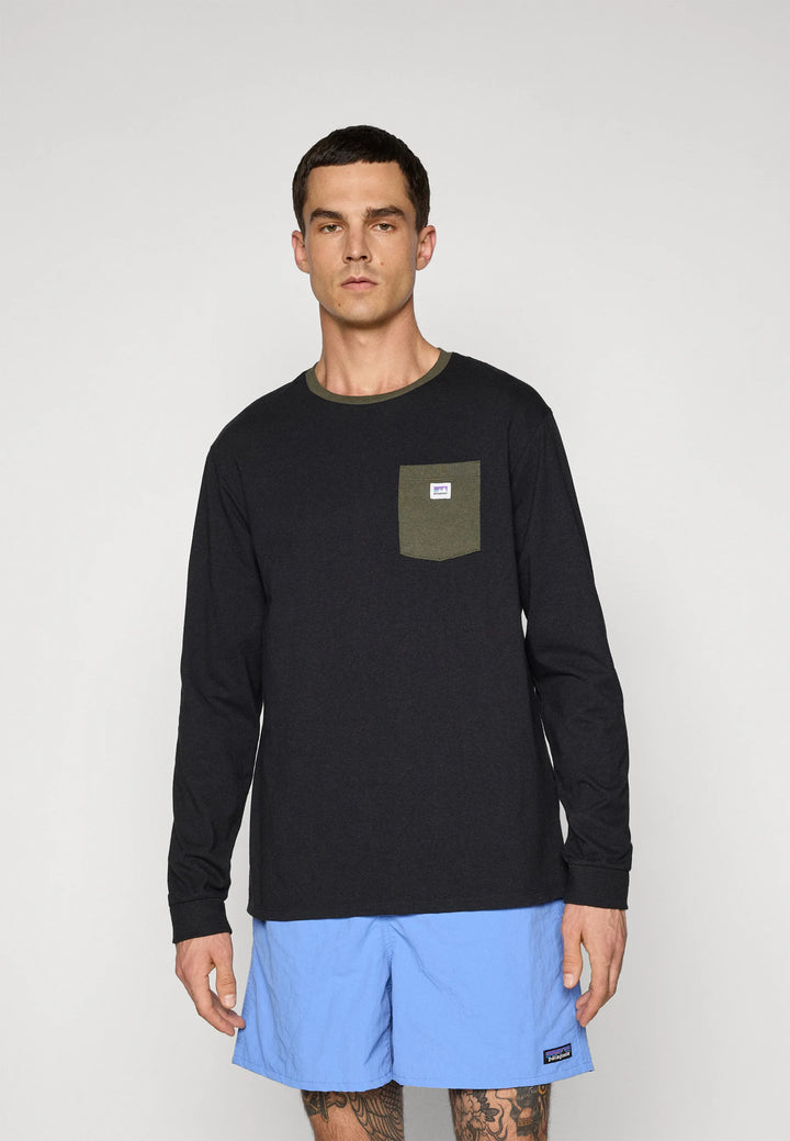 M's l/s shop sticker pocket responsibili-tee / black w- basin green