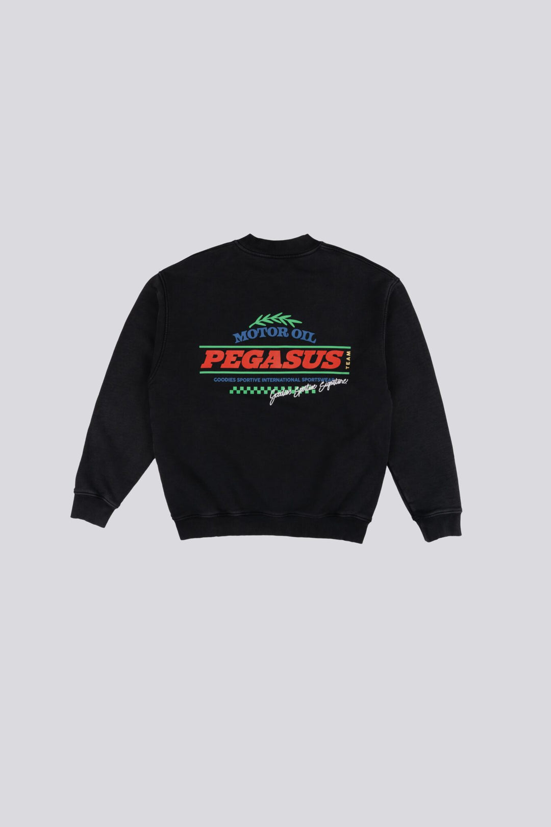Zwarte crewneck met motorolie-opdruk