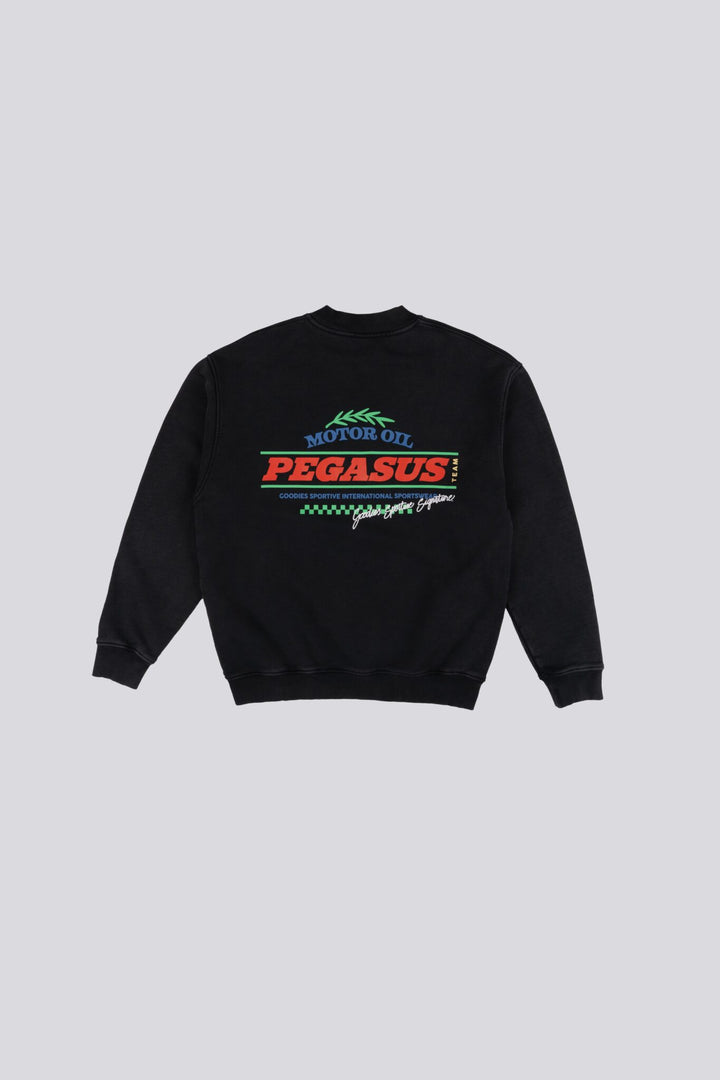 Zwarte crewneck met motorolie-opdruk