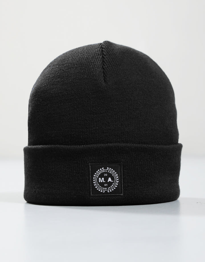 Woven badge knit beanie