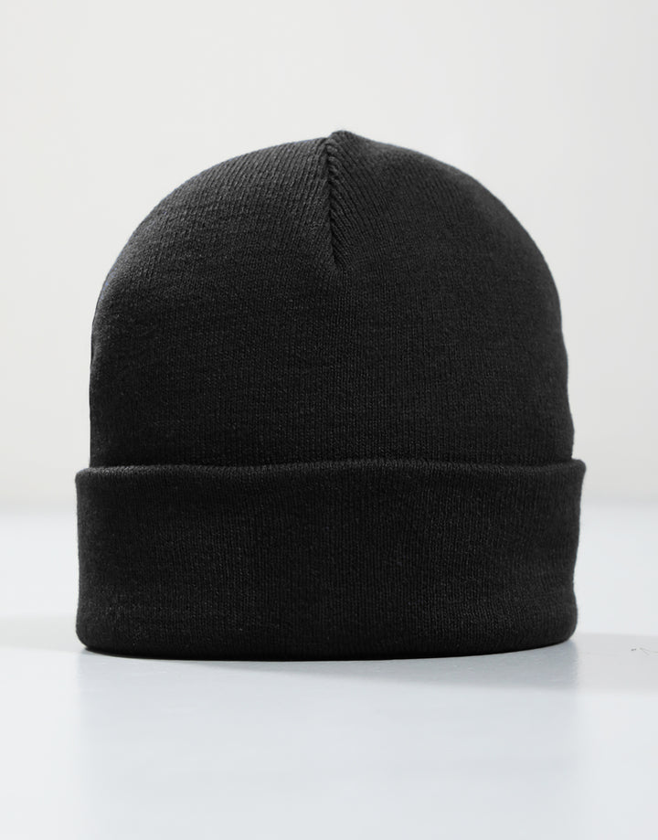 Woven badge knit beanie